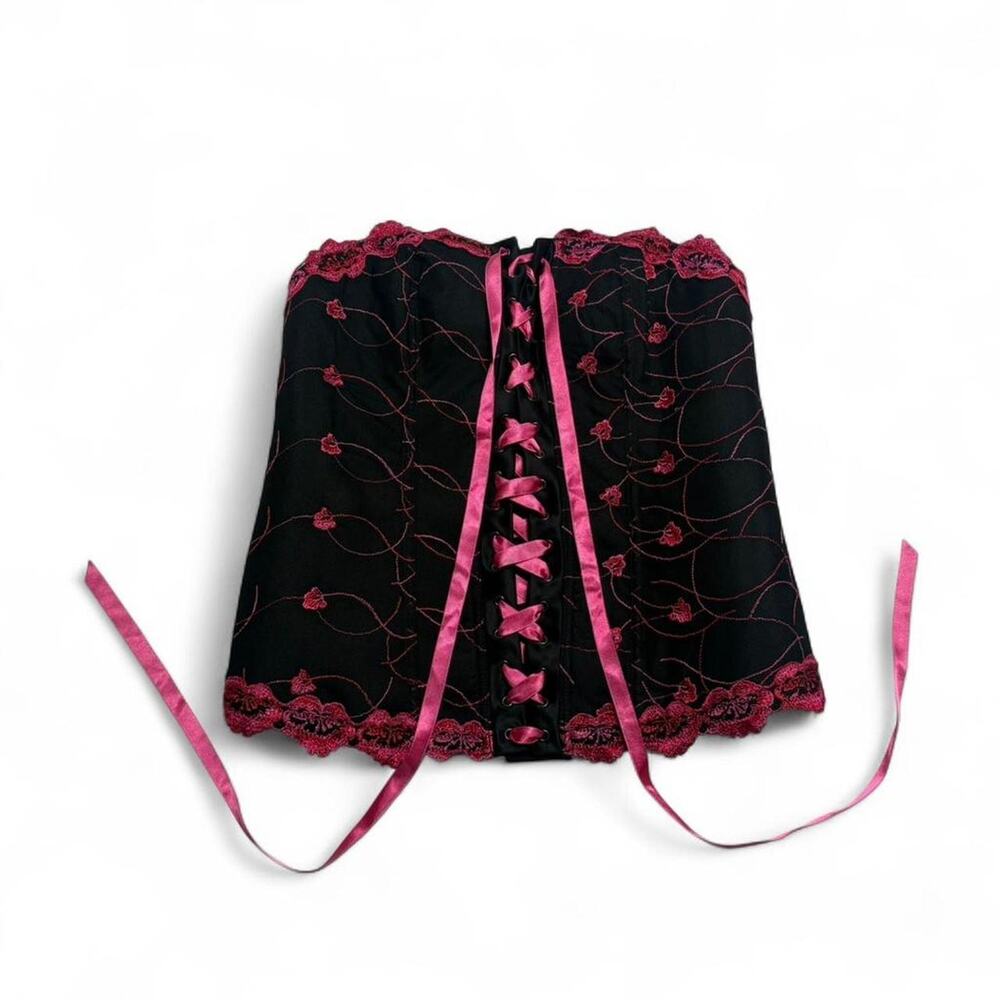 Cacique black + pink corset top pink ribbon lace details. Size: large 14 /16 - Picture 3 of 6
